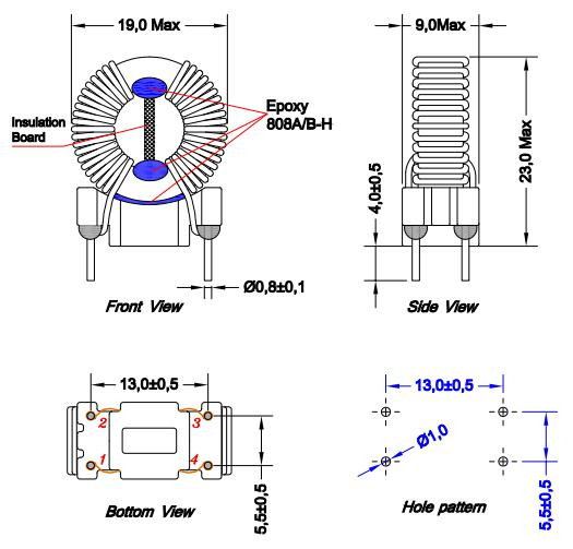 Dławik wspólny 2x3,5 mh Zniszcz: 2,5A, Max SRF: 1 kHz → 300 MHz