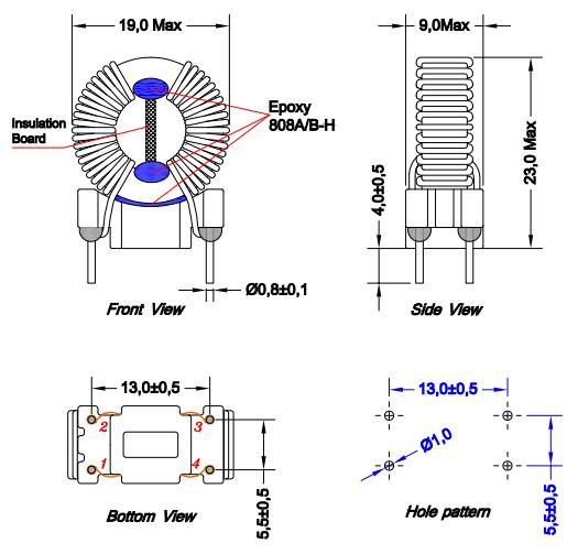 Dławik wspólny 2x3,5 mh Zniszcz: 2,5A, Max SRF: 1 kHz → 300 MHz
